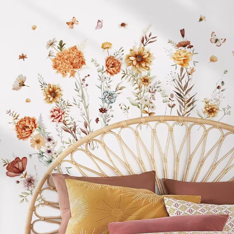 wondever Boho Wildflower Wall Stickers Garden Flowers Grass Peel and Stick Wall Art Decals for Living Room Girls Room Bedroom