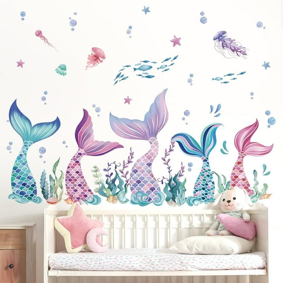 wondever Mermaid Tail Wall Stickers Under The Sea Mermaid Bubble Seaweed Peel and Stick Wall Art Decals for Baby Nursery Girls Bedroom Bathroom