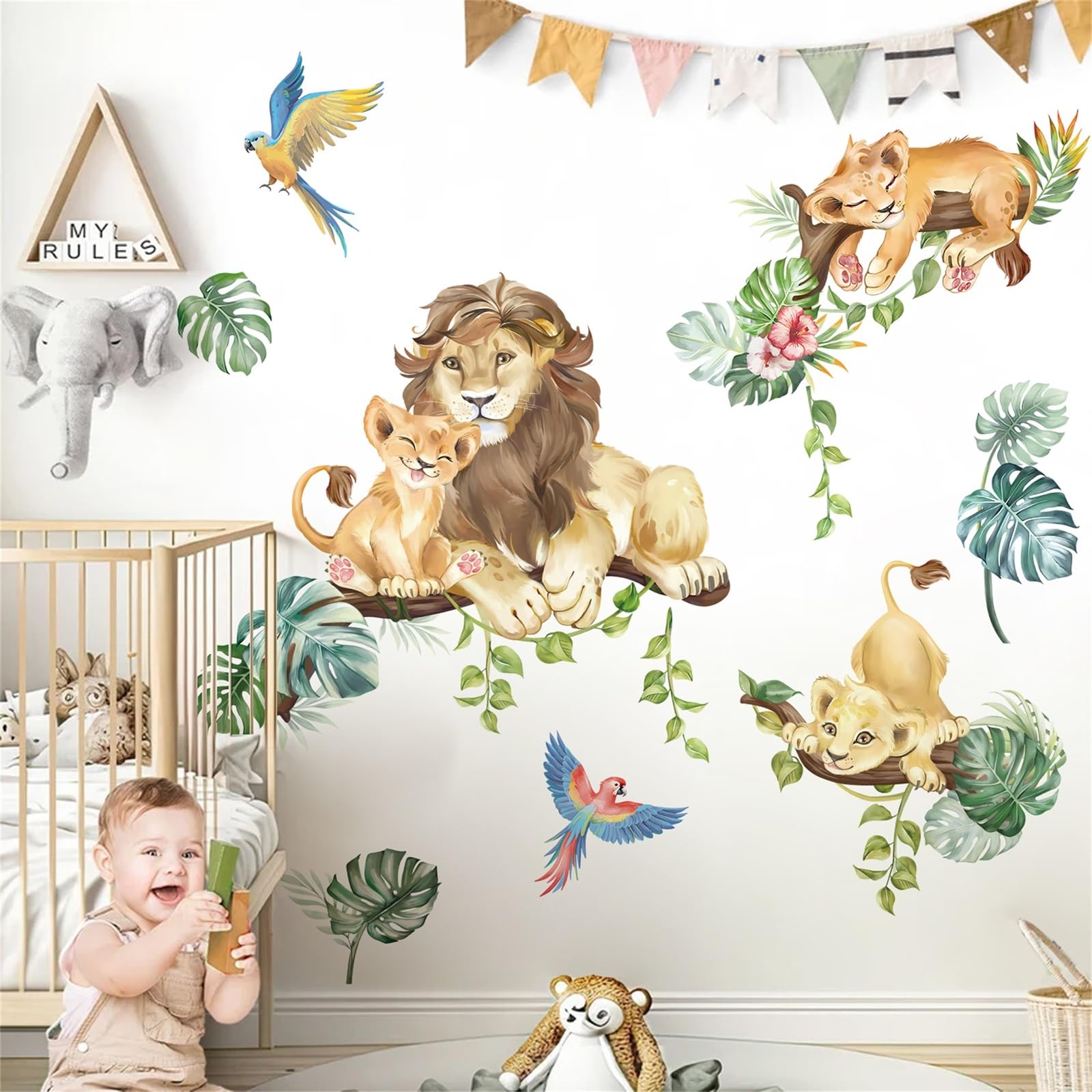 wondever Safari Animal Lion Wall Stickers Jungle Animal Tree Branch ...
