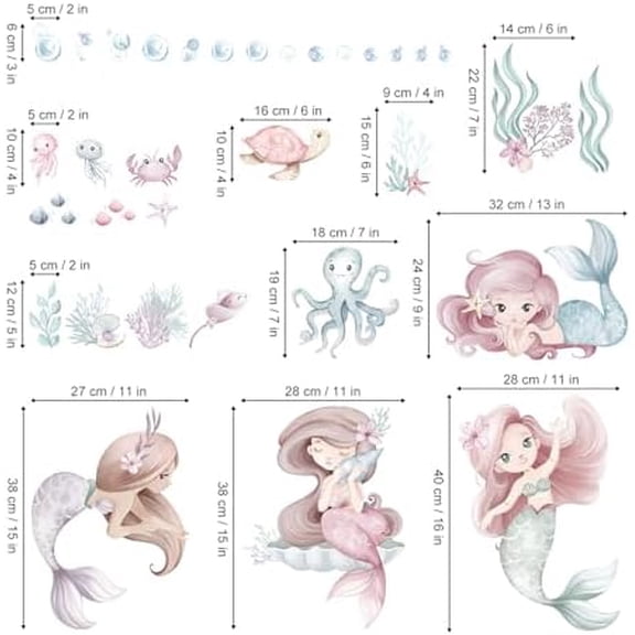 wondever Under The Sea Mermaid Wall Stickers Ocean Theme Turtle Seaweed Peel and Stick Wall Art Decals for Baby Nursery Girls Bedroom Bathroom