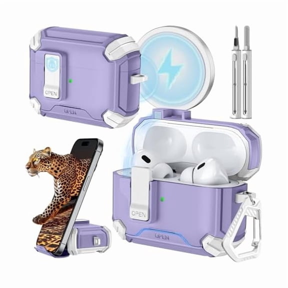 wonima06 Compatible with AirPods Pro 2nd/1st Generation Case Cover with Phone Stand & Cleaning Kit,Compatible with Magsafe,Magnetic Automatic Lock for iPod Pro Charging Case(USB-C/Lightning Cable)