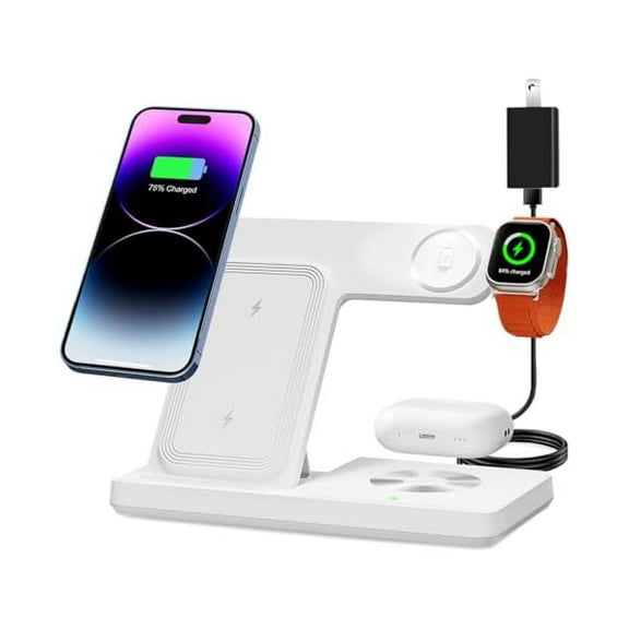 wonima06 Wireless Charger, 3 in 1 Charging Station for Multi Devices, Charging Stand Dock for iPhone 8-16 Series, Apple Watch, AirPods Pro 3 2 with Adapter (White)