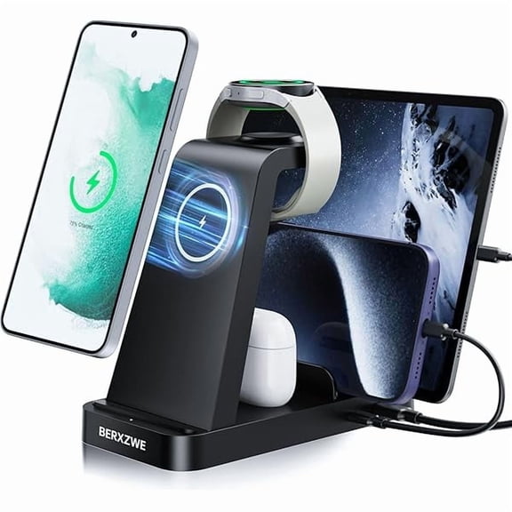 wonima06 Wireless Charger for Samsung Charging Station, 5 in 1 Wireless Fast Charger for Galaxy S25 Ultra/S24 Ultra/S23/S22, Watch Ultra 7/6/5/4/3, Charger Dock Stand for All Galaxy Tab Series,Black