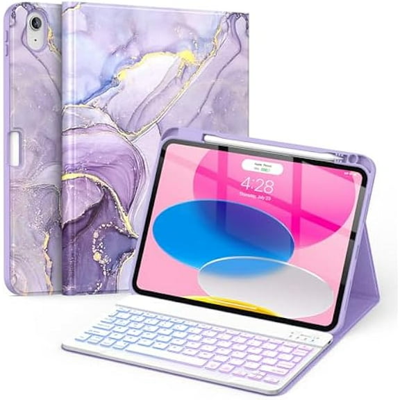 wonima88 for iPad (A16) 11th/10th Generation Case with Keyboard(2025/2022)-7 Color Backlight Wireless Detachable Folio Keyboard Cover with Built-in Pencil Holder for iPad 11/10.9 inch, Violet Marble