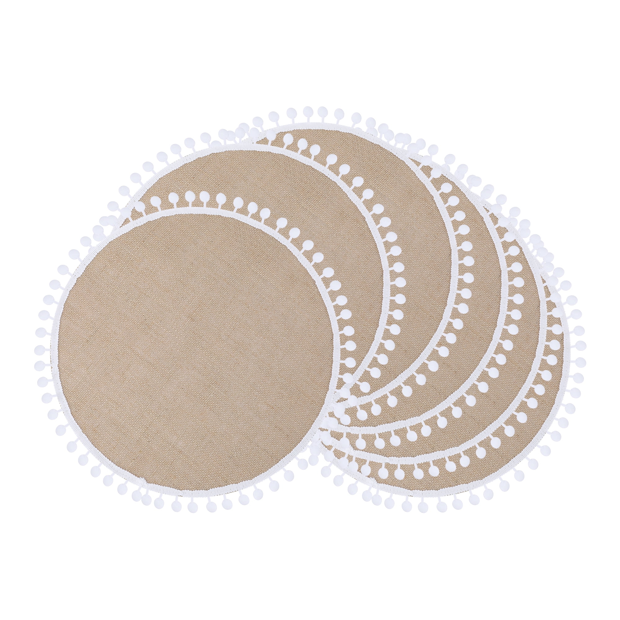 Unique Bargains Farmhouse Placemats 6pcs Round Placemats White Pom-Pom 15"x15"