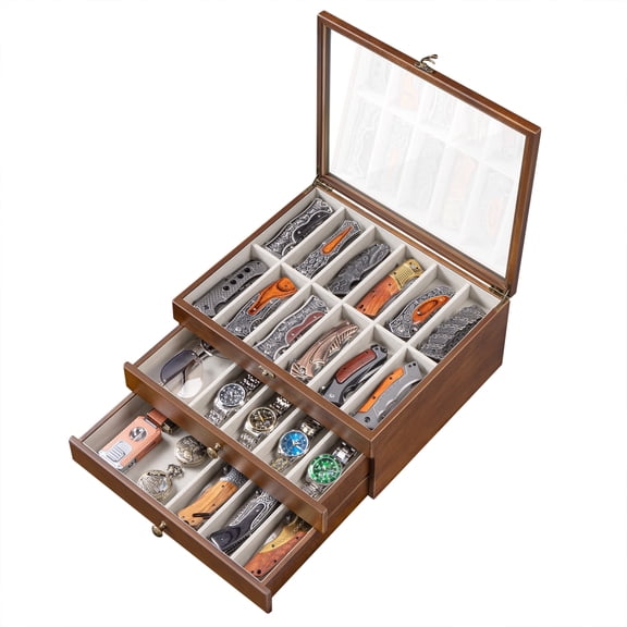 knife Display Cases for Collectibles3-Layer Wood Pocket knife Stand Display with Drawers & Glass LidWalnut