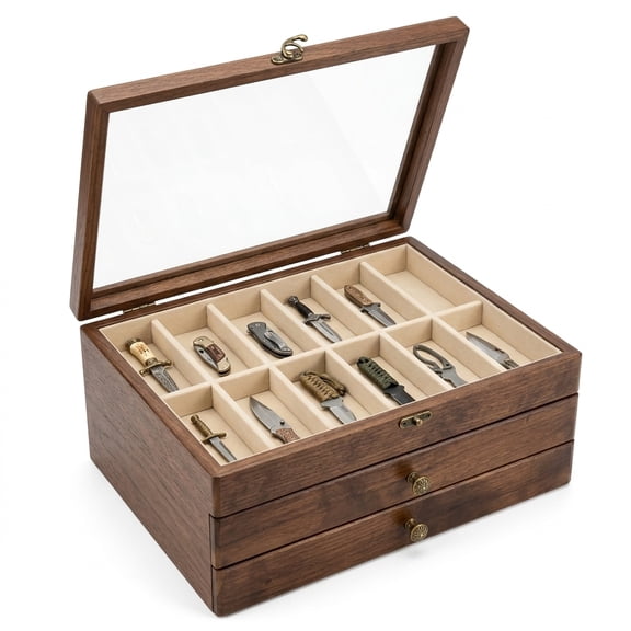 knife Display Cases for Collectibles3-Layer Wood Pocket knife Stand Display with Drawers & Glass LidWalnut