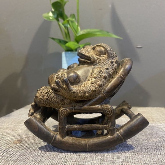 wood Frog Sculpture Carving Handheld Tea Pet Home Office Decor