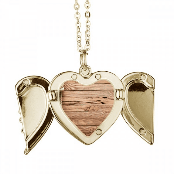 wood irregular stripes pattern folded wings peach heart pendant necklace