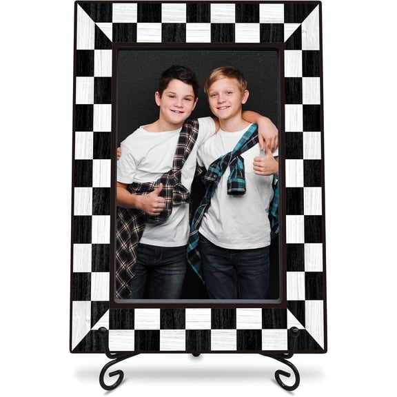 wooden frame with black metal stand - checkerboard theme - wooden frame for 4"x 6" vertical picture, birthday gift, classic photo frame, gift and decorations (A07)