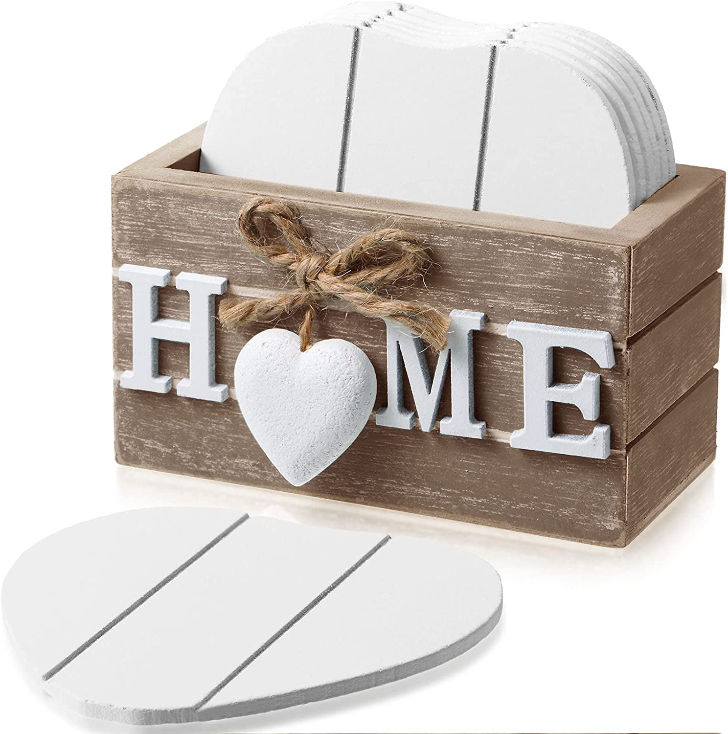 Set Of 6 Wooden Heart Coasters With Holder – 4 Inch, Farmhouse Style, Brown, Housewarming Gift