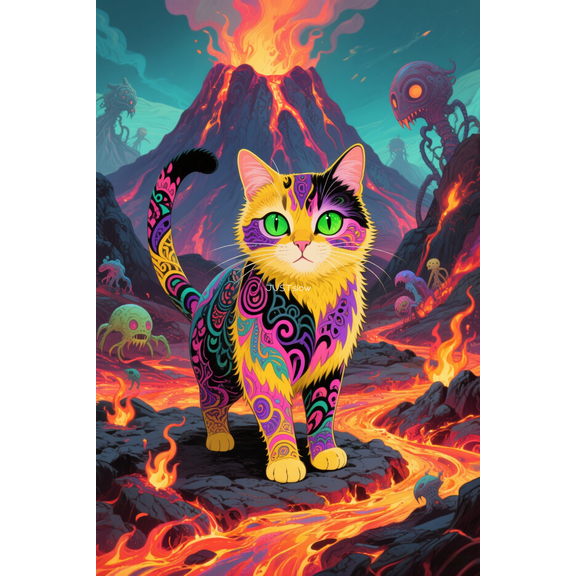 wooden puzzle Fantasy - styled Cat in Fire - Magma Volcanic WorldIntelligent Game Fit togather a magic Art for home Decoration or Prensent 1000 pieces