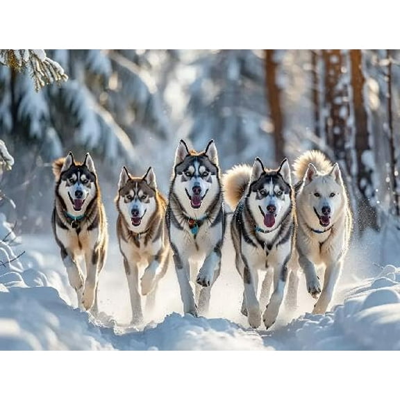 wooden puzzle Five Siberian Huskies Running in Snow Intelligent Game Fit togather a magic Art for home Decoration or Prensent 300 pieces
