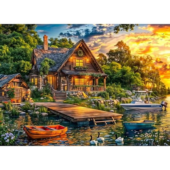 wooden puzzle Lakeside Cottage at Dusk Intelligent Game Fit togather a magic Art for home Decoration or Prensent 300 pieces