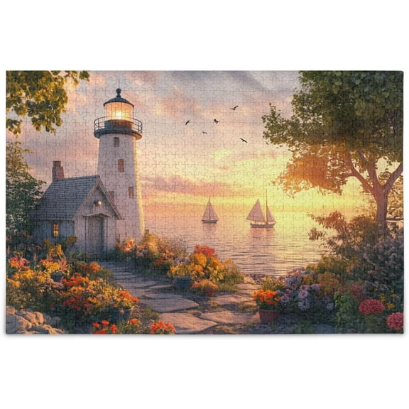 wooden puzzle Lighthouse Sailboat Sunset Orange Hard Challenging Exercise Intellegent wall decor suitable for Teenager or Adult 1000 PCS