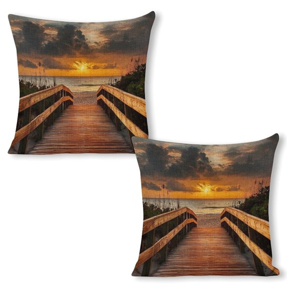 wooden walkway beach sunset Linen toss pillowcase decoration pillowcase gifting preferred 18x18 inch cushion cover 2 sets sofa pillowcase sofa bedroom living room car