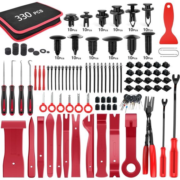 wooow shop 330Pcs Trim Removal Tool, Auto Push Pin Bumper Retainer Clip Set Fastener Terminal Remover Tool Adhesive Cable Clips Pry Kit Car Panel Radio Removal Auto Clip Pliers, Red