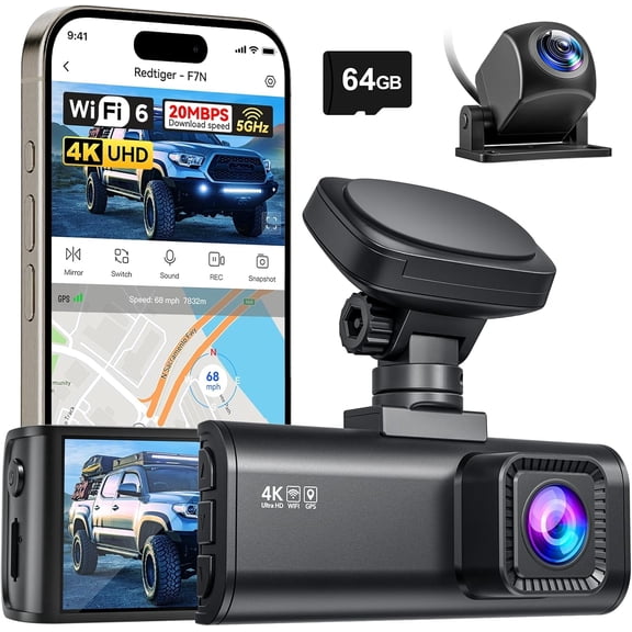 wooow shop F7N 4K Dual Dash Cam, 5.8GHz WiFi-20 MB/s Fast Transfer, 64GB Card, Front 4K/2.5K and Rear 1080P Dash Camera for Cars with 3.18'' Screen, Precise GPS, Parking Monitor, Support 256GB Max