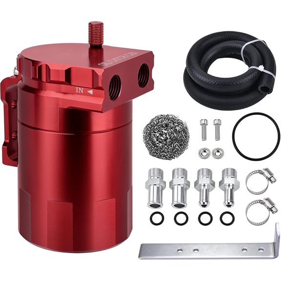 wooow shop Oil Catch Can, Universal Baffled Catch Can Kit with NBR Fuel Hose, 300ml Aluminum Air Oil Separator Tank for PCV System Red