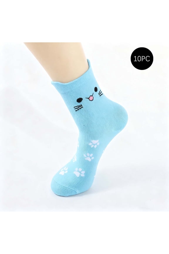 10 Pairs Cat Crew Socks for Women - Cute Cat Face & Paw Print Socks, Soft Nylon Spandex Stretch Socks, One Size Fits Most Blue Casual Daily Wear Socks,Size Free Size