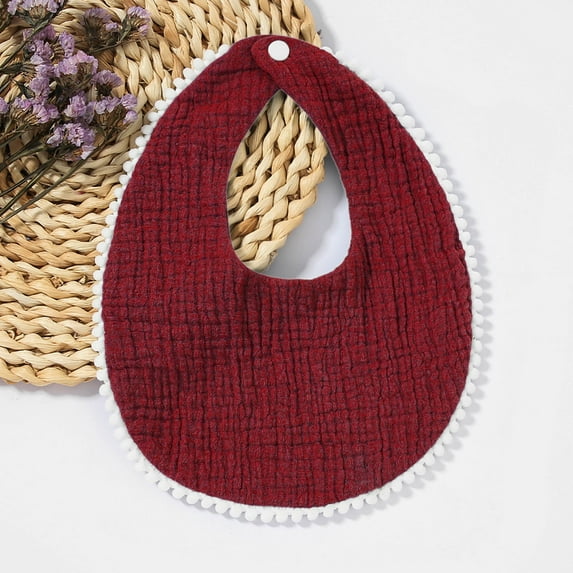 workcargo 100% Cotton Absorbent Kids Bib for Girls - Wine Color with Pom-Pom Trim, Adjustable Snap, Teardrop Shape for Newborn to Kids,Size Free Size