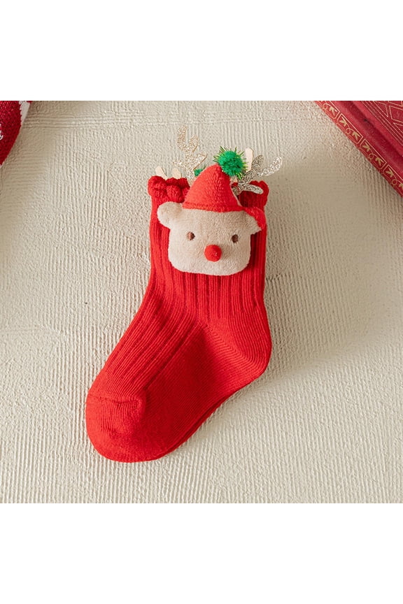Bwndum Cotton Red Christmas Reindeer Socks - Soft Breathable, Ribbed Texture, 3T Size for Toddler, Festive Holiday Party & Daily Wear