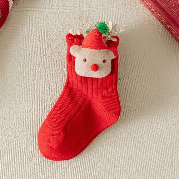 Bwndum Cotton Red Christmas Reindeer Socks - Soft Breathable, Ribbed Texture, 3T Size for Toddler, Festive Holiday Party & Daily Wear