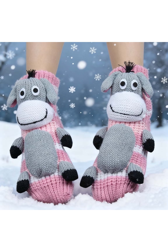 3D Donkey Socks for Women Girls - Pink Cute Knitted Warm Cozy Socks, Nylon Spandex Stretchy One Size Fits Most, Whimsical Novelty Socks for Indoor Loungewear Gift,Size Free Size