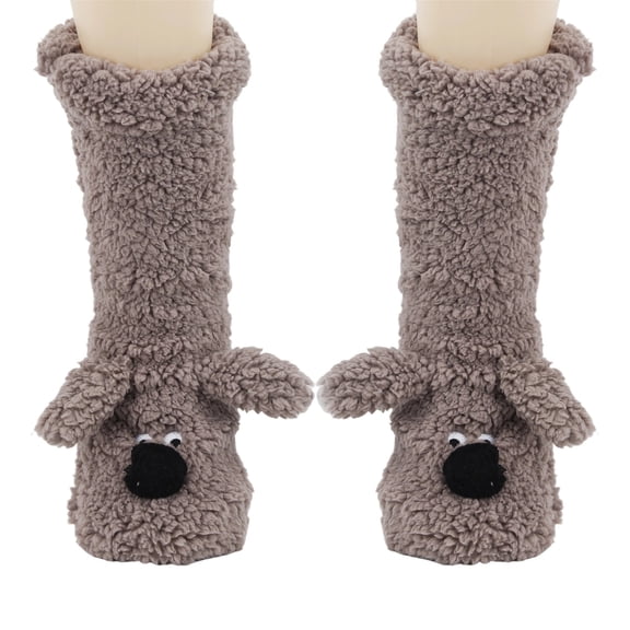 Bwndum Adorable Plush Fluffy Brown Dog Socks - Warm Cozy Cuffed Indoor Loungewear Socks for Adults, Non-Slip 3D Dog Face Socks One Size Fits Most Pet Lovers,Size Free Size