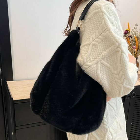 Zunfee Affordable Furry Hobo Bag for Women - 100% Polyester, Faux Leather Strap, Black, Free Size, Eco-Friendly, Casual Shoulder Bag for Daily Use