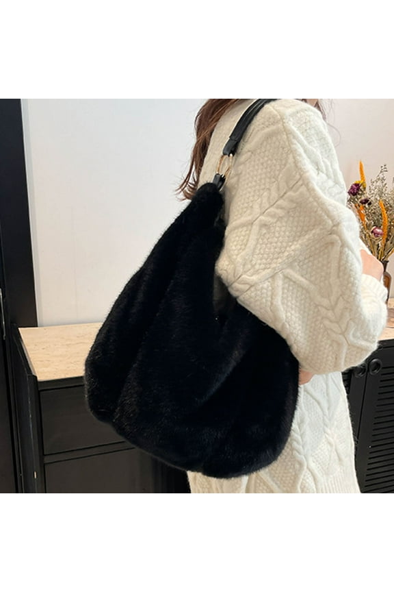 Affordable Furry Hobo Bag for Women - 100% Polyester, Faux Leather Strap, Black, Free Size, Eco-Friendly, Casual Shoulder Bag for Daily Use