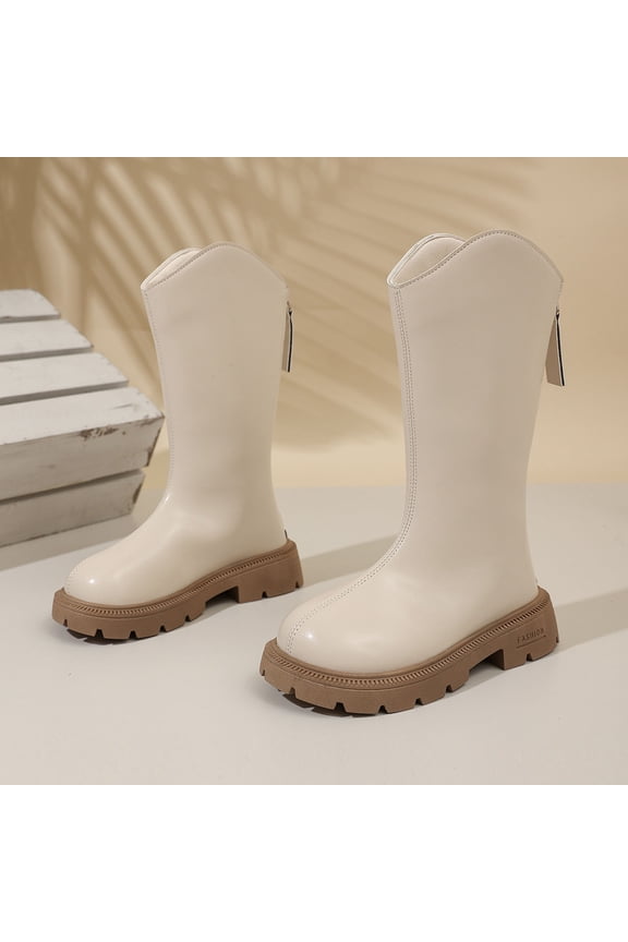 Zunfee Beige Mid-Calf Boots for Juniors (Size 32) - Synthetic Leather, Chunky Sole & Back Zipper, Waterproof Durable Kids Daily Wear Shoes