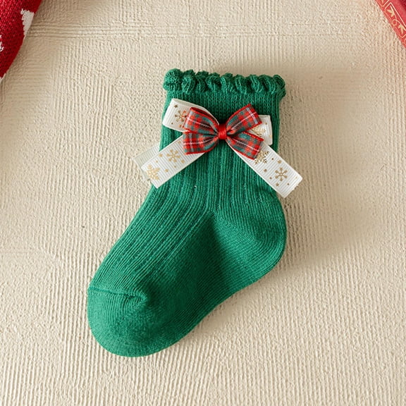 Zunfee Big Girls' 100% Cotton Green Christmas Socks, 9T - Soft & Breathable, Ruffled Top with Plaid Bow & Snowflake Ribbon, Festive for Holiday Gatherings & Daily Wear