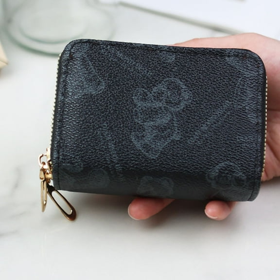 Zunfee Black Compact PU Faux Leather Wallet - Cute Printed Zipper Closure Affordable Everyday Wallet for Women Teens, Small Secure Card Cash Holder,Size Free Size