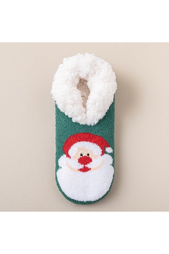 Christmas Slipper Socks for Adults - Green Santa Claus Plush Lined, Soft Polyester Festive Holiday Home Slipper Socks, One Size Fits Most Gift,Size Free Size