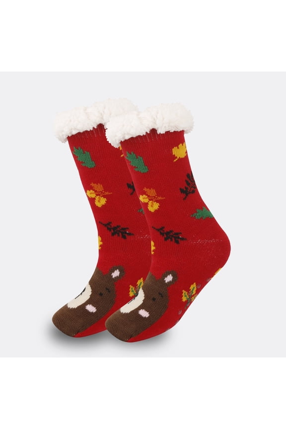 Christmas Socks Unisex - Acrylic Faux Faux Fur Cuff Plush Non-Slip Socks, Multicolor Festive Reindeer Evergreen Tree Design for Home Lounge Holiday Gift,Size Free Size