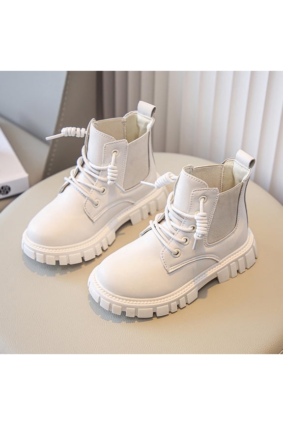 Zunfee Boots for Juniors Girls - White, Size 32 (EU), Non-Slip Rubber Sole, Elastic Side Panels, Easy-Clean PU, Back to School Kids Footwear