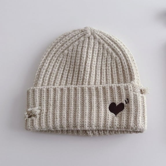 workcargo Cotton Knit Beanie with Heart Embroidery - Beige, Free Size (One Size Fits Most) for Juniors, Soft Warm Fall Winter Casual Headwear