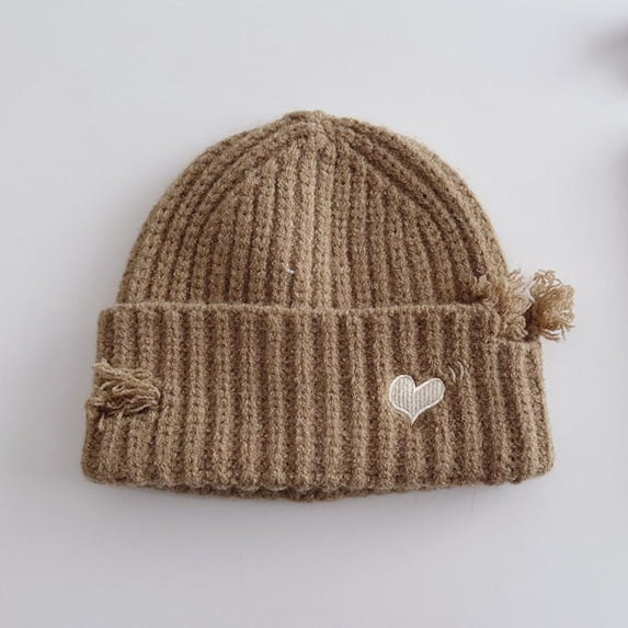workcargo Cotton Knit Beanie with Heart Embroidery - Khaki, Free Size for Juniors, Warm for Fall Winter, Affordable Trendy Headwear