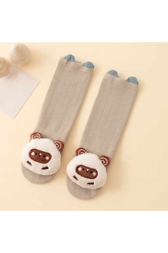 Cotton Non-Slip Kids Socks - 3D Plush Sheep, Long Length for 0-24 Months (S/M), Khaki/Light Blue/Beige, Soft Breathable for Crawling,Size S