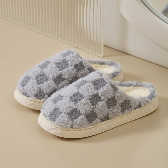workcargo Cozy Warm Plush Checkered Slippers for Women Large Size - US Size 12 (EU 44), Gray, Non-Slip Sole Slip-On Home Slippers, Machine Washable