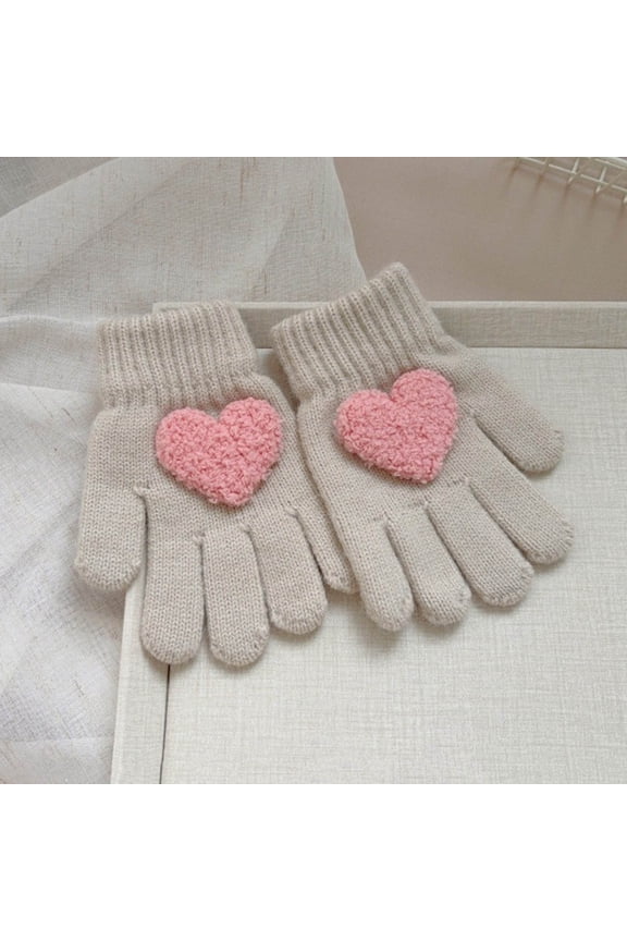 Cute Heart-Shaped Knitted Cotton Gloves for Juniors - Beige, Free Size, Soft Breathable, Daily Winter Wear, Affordable Fashion