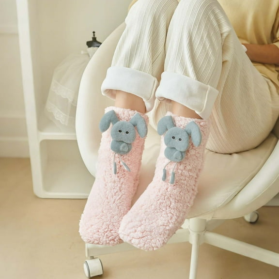 workcargo Cute Pink 3D Animal Fuzzy Plush Socks - Warm Cozy Indoor Lounge Ankle Socks, Soft Nylon Spandex One Size Fits Most Adults,Size Free Size