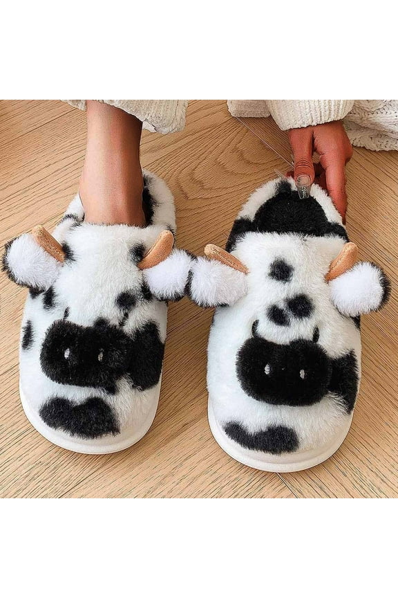 Cute Plush Cow House Slippers for Women - Black, US Size 5 (EU 36) | Soft Fuzzy Lining, Non-Slip, Warm for Indoor Lounging