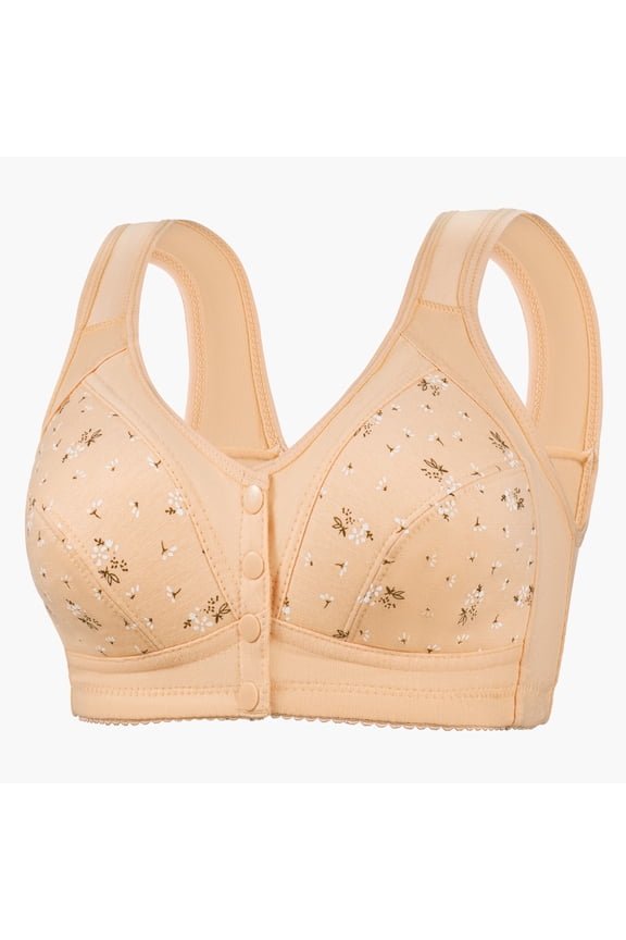 Front Closure Wire-Free Bra - Comfortable for Older Women/Post-Surgical Recovery, Wide Shoulder Straps, Soft Stretchy, Beige, Size L