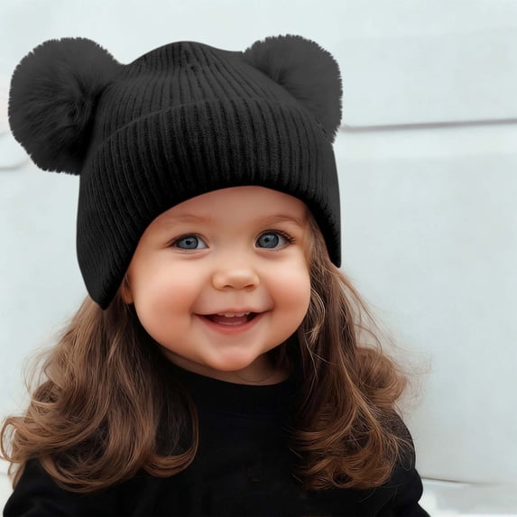 Bwndum Girls' Black Winter Beanie - Soft Knit Cotton Hat with Pom-Poms, Ribbed Design, Warm for Cold Weather/Outdoor/School, One Size Fits Most,Size Free Size