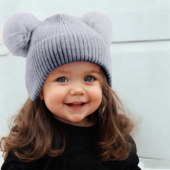 Bwndum Girls' Gray Warm Knit Hat - Soft Cotton Winter Beanie with Pom-Poms, Ribbed Design, Ideal for Cold Weather/Outdoor/School, One Size Fits Most,Size Free Size