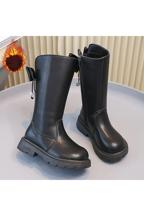 workcargo Girls Juniors Boots Size 26, Black PU Boots with Bows & Pearls, Comfortable Thick Sole Kids Boots for Daily Wear/Back-to-School/Holiday Gift