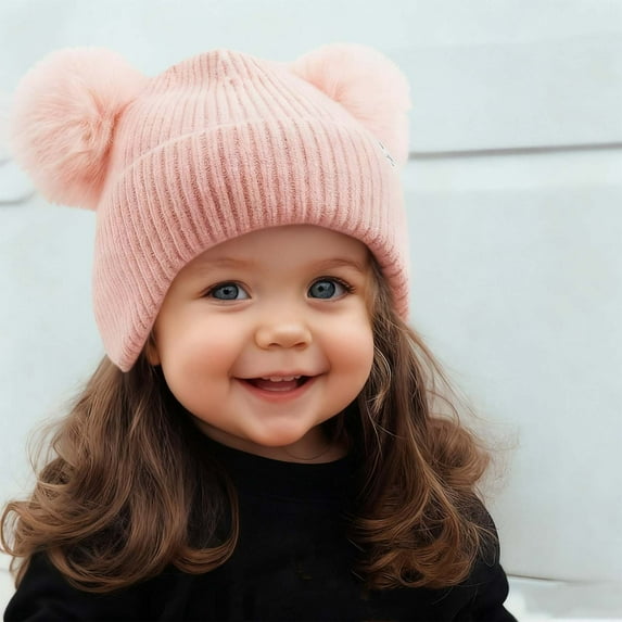 workcargo Girls' Pink Soft Cotton Knit Hat - Warm Winter Beanie with Pom-Poms, Ribbed Design, Perfect for Cold Weather/Outdoor/School, One Size Fits Most,Size Free Size