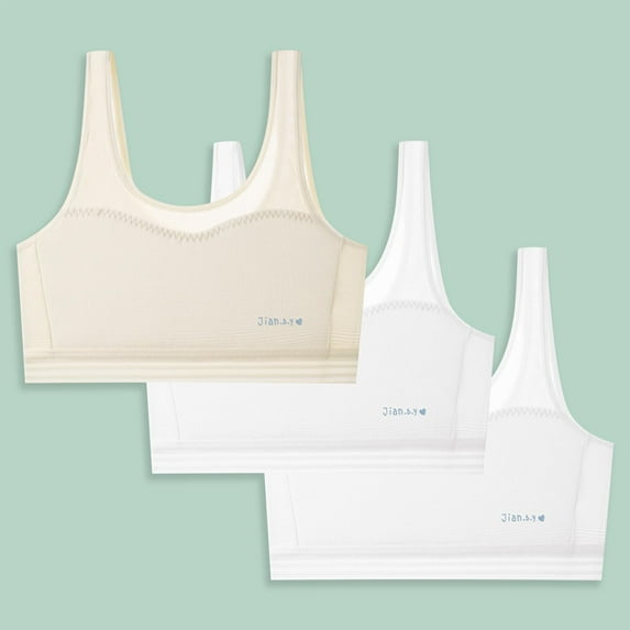 Zunfee Girls Training Bra 3 Pack - Cotton, Seamless, Wide Strap, Beige, Size 7T - First Bra for Big Girls 8-14, Comfortable & Breathable